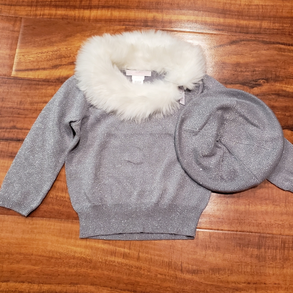 Janie and Jack 18-24 months metallic silver faux fur collar sweater and beret